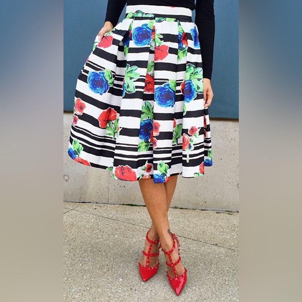 Black White Stripe Red Floral A-Line Midi Skirt Size M